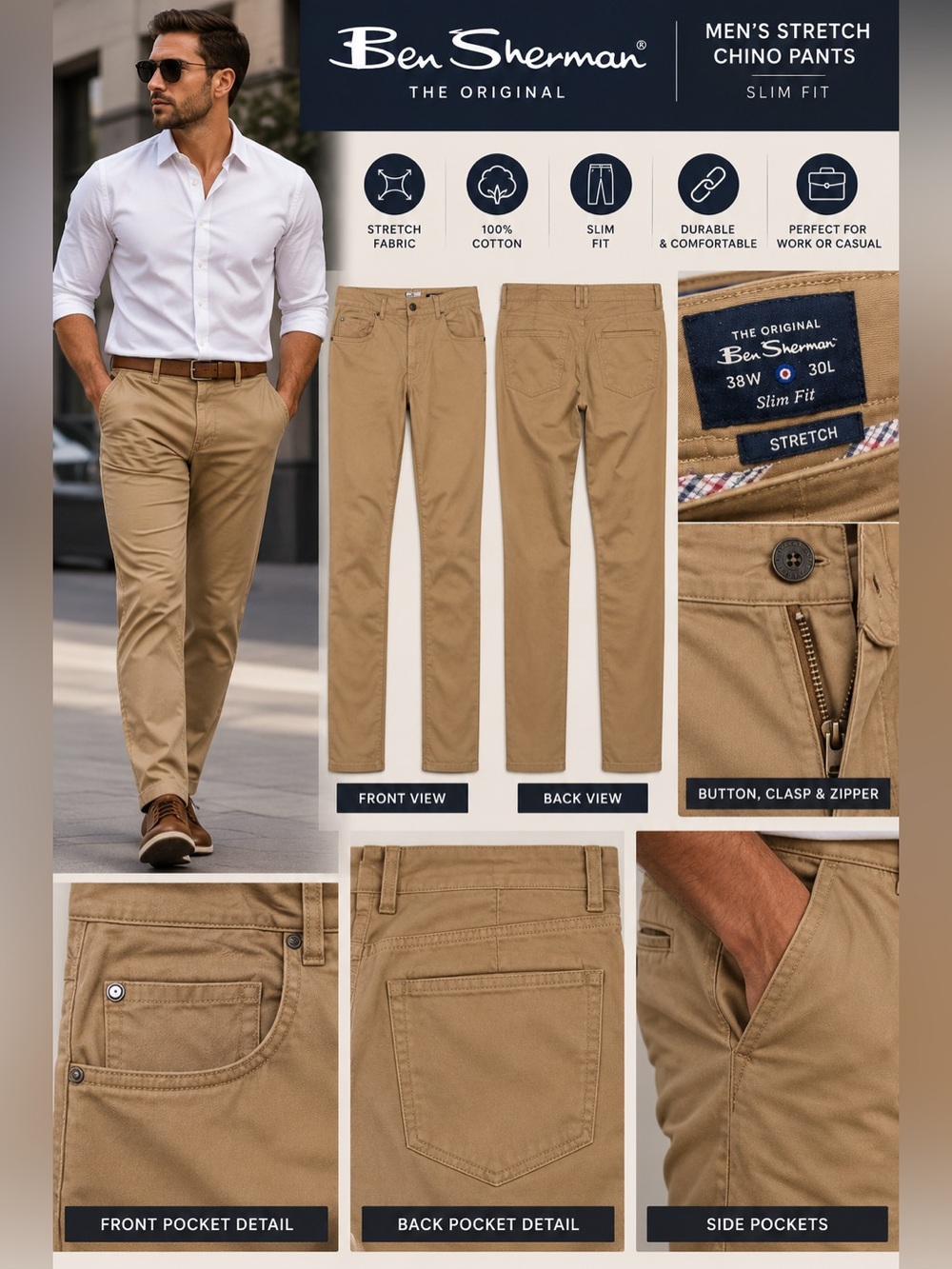 Ben Sherman Slim Fit Men’s Pants in Khaki 38/30